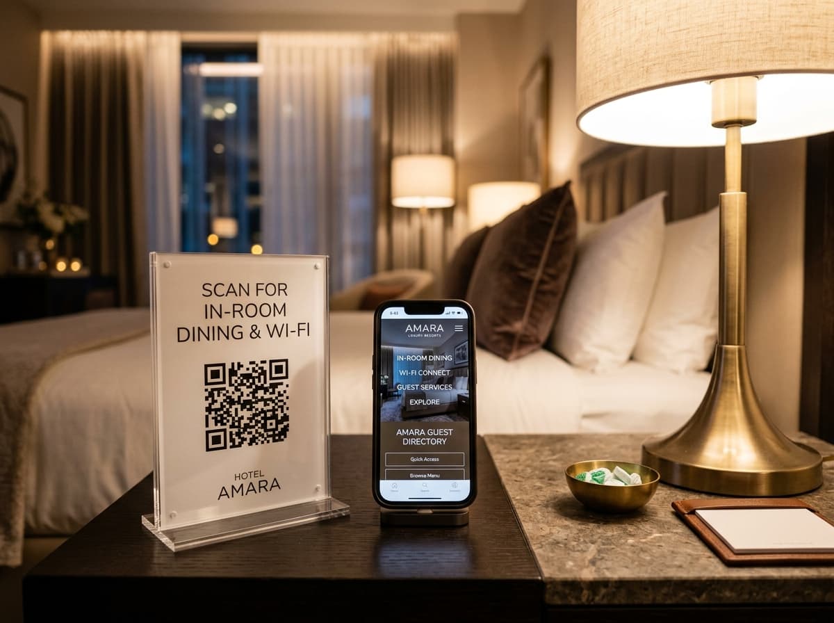 Encoro Hospitality in-room guest directory and acrylic bedside QR tent card